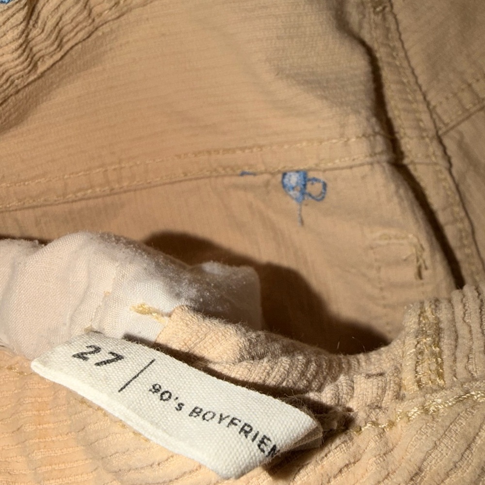 PacSun Boyfriend Corduroy Pants | Beige + Blue Embroidered Mushrooms - Size: 27 - Picture 7 of 7